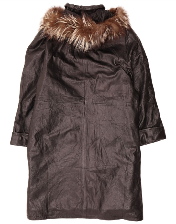 VINTAGE Abrigo de cuero con capucha de gran tamaño para mujer Reino Unido 14 Cuero negro mediano