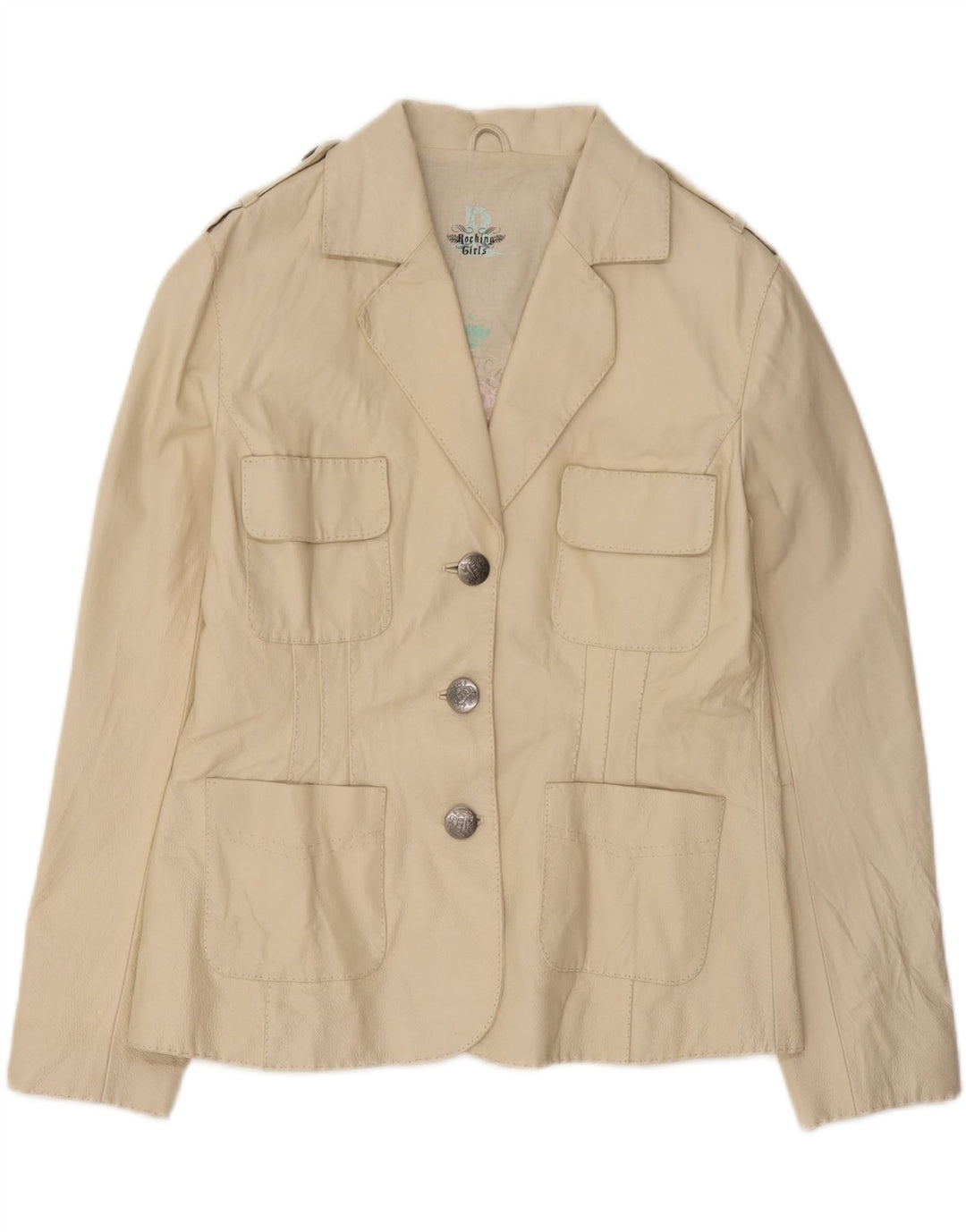 Vintage mujer militar 3 botones Blazer chaqueta Reino Unido 14 medio blanco