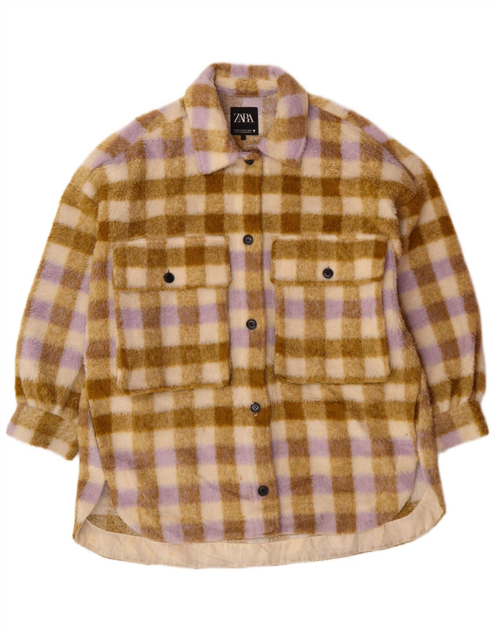 Zara Mujer Chaqueta Polar Extragrande UK 10 Pequeña Poliéster A Cuadros Beige