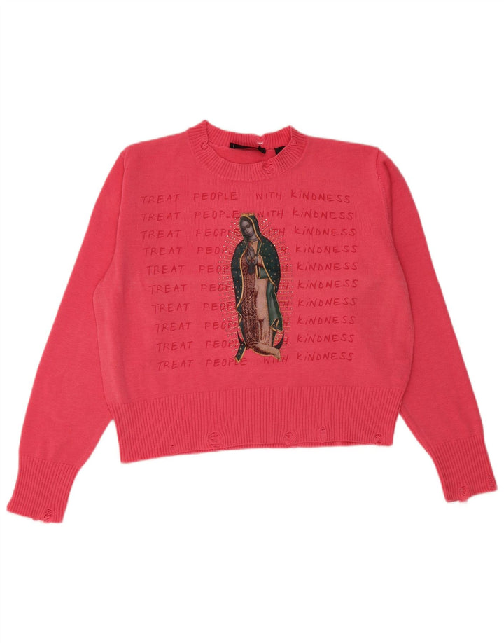 DESIGUAL Suéter tipo jersey con cuello redondo y gráfico para mujer, talla 44, color rosa medio