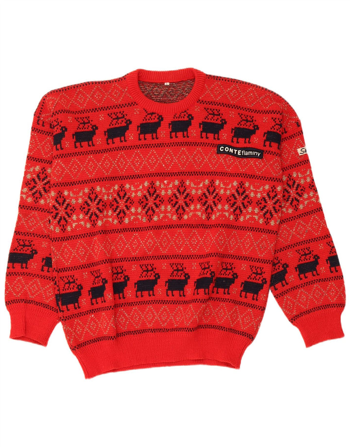 Vintage hombres cuello redondo jersey suéter grande rojo feria isla lana