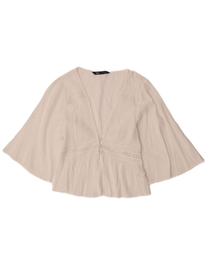 Zara Blusa Camisa Manga 3/4 Mujer UK 42 Medio Blanco Poliéster