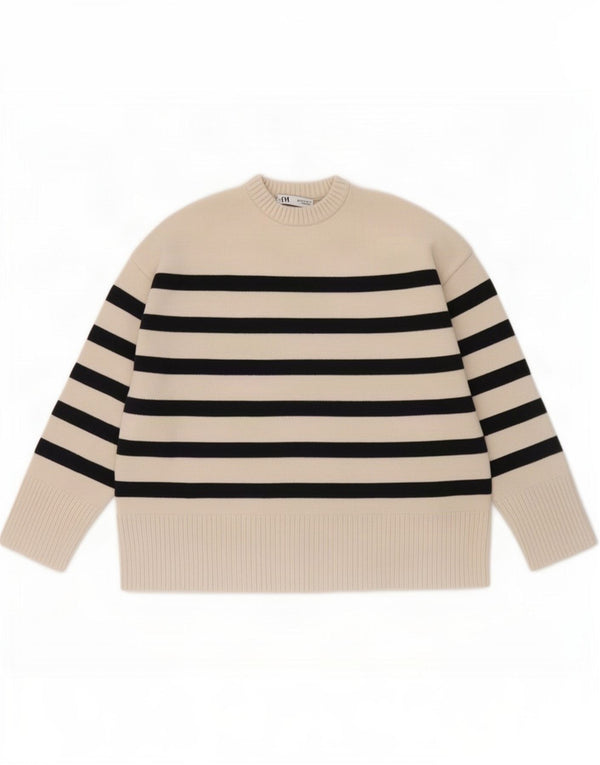 Zara - Jersey con cuello redondo para mujer, talla 40, talla grande, viscosa a rayas beige