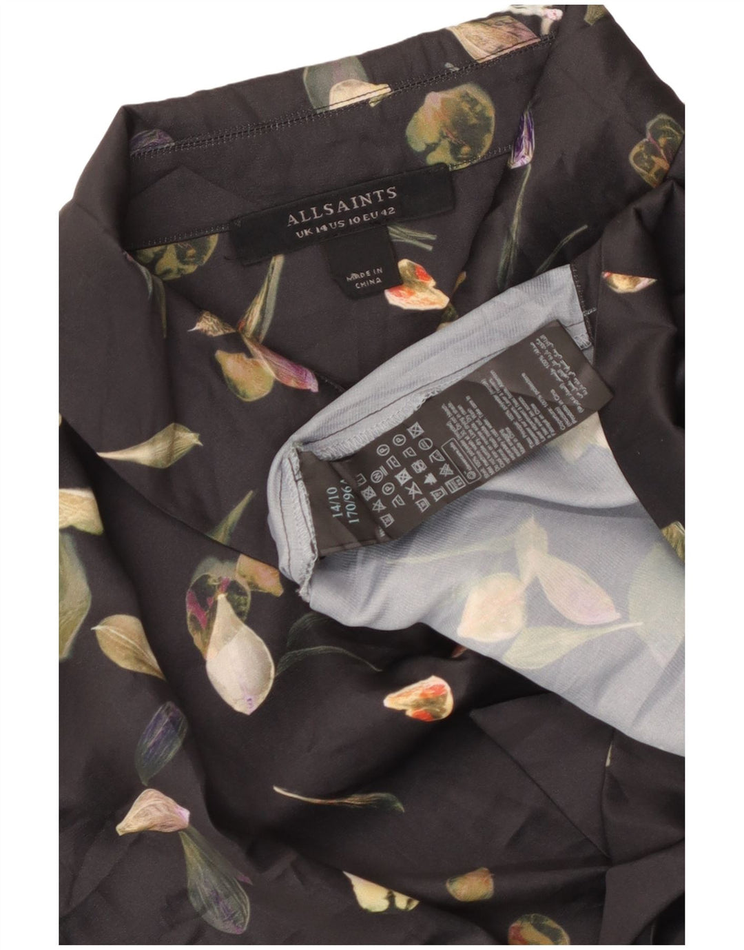 ALL SAINTS Blusa corta con lazo frontal para mujer UK 44 Grande Negro Floral