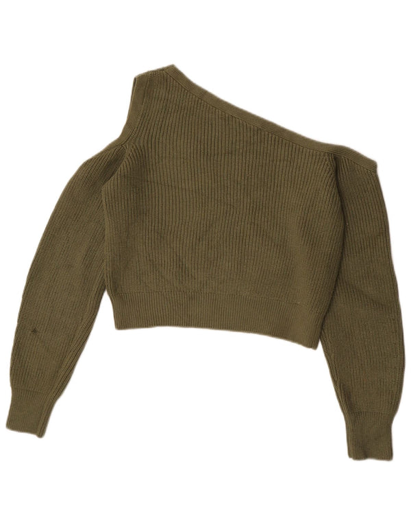 Zara Mujer Crop Un Hombro Cuello Barco Jersey Suéter UK 12 Medium Caqui