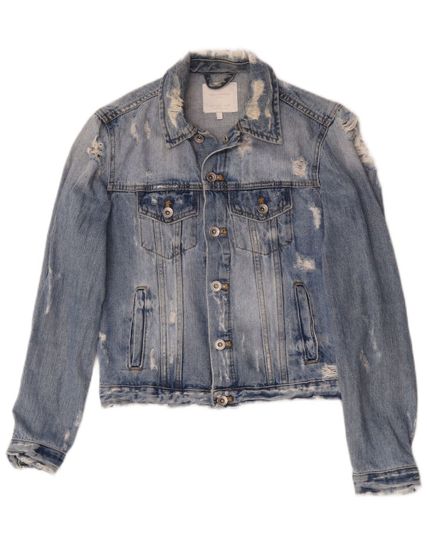 Zara Mujer Chaqueta Vaquera Desgastada UK 10 Small Azul
