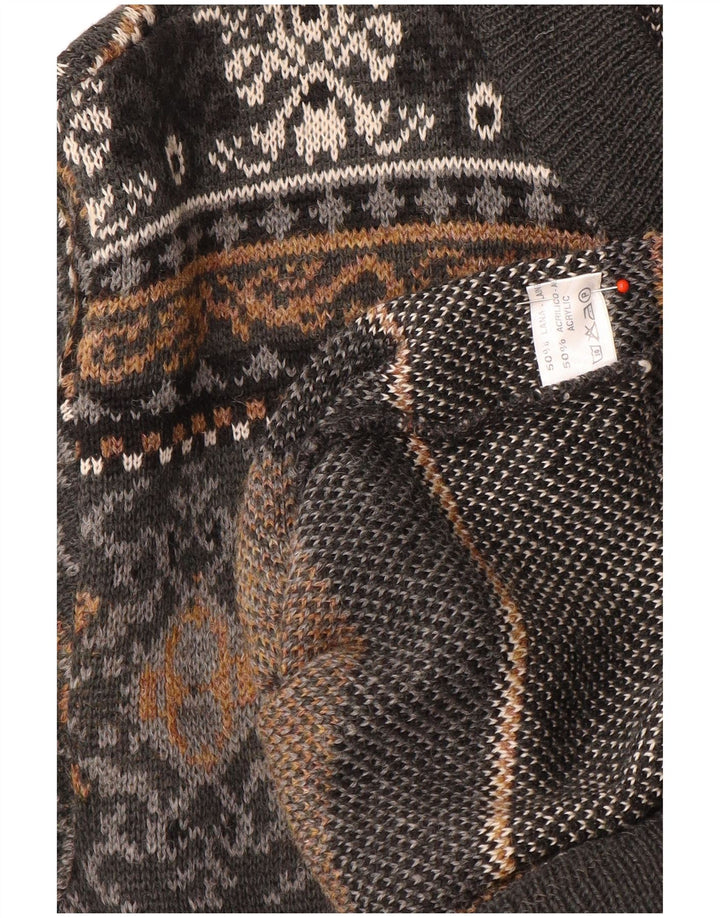 Vintage hombres Cardigan suéter grande gris Fair Isle lana
