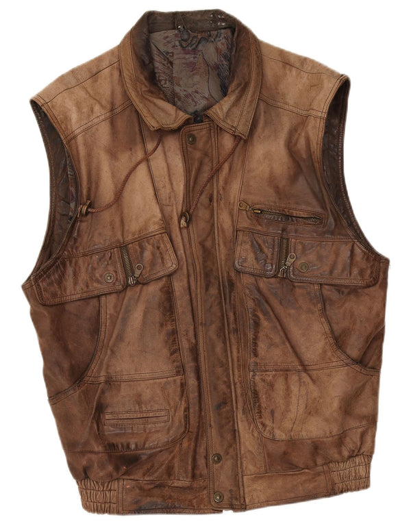 Vintage hombres cuero Gilet IT 50 cuero marrón grande