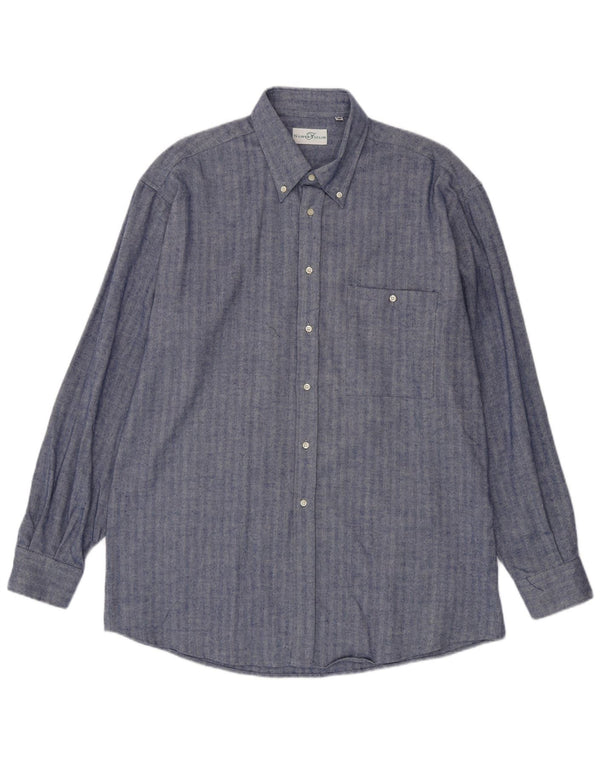Camisa vintage para hombre talla 45 18 2XL azul marino espiga algodón