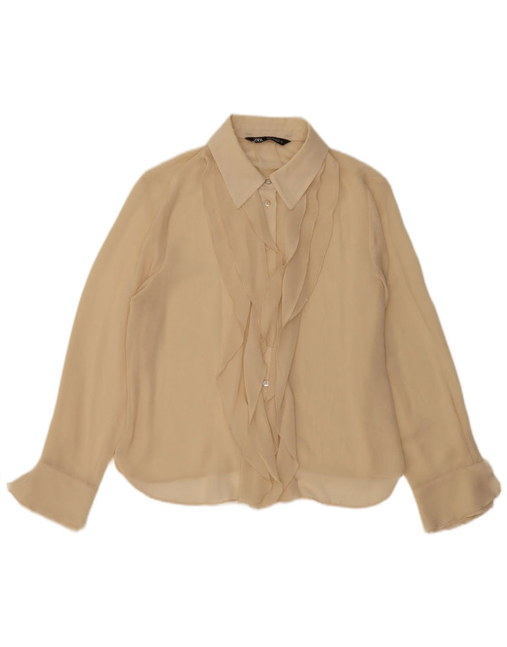 ZARA Blusa camisera con volante en la parte delantera para mujer UK 44 Grande Poliéster beige