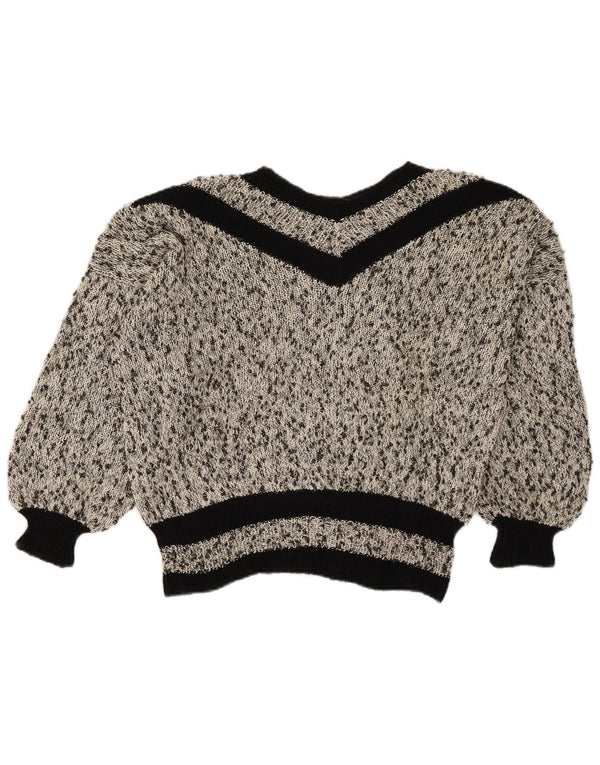 Vintage mujer crop V-cuello jumper suéter Reino Unido 18 XL gris moteado