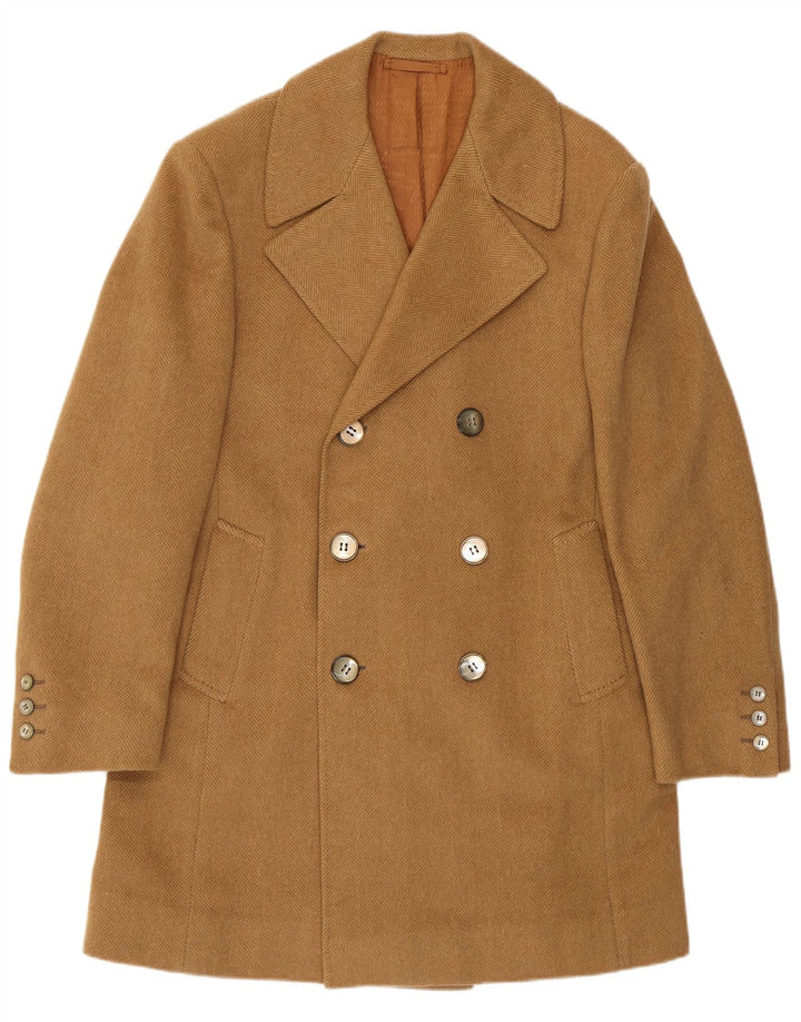 Vintage hombres doble pecho abrigo Reino Unido 34 XS Beige Herringbone