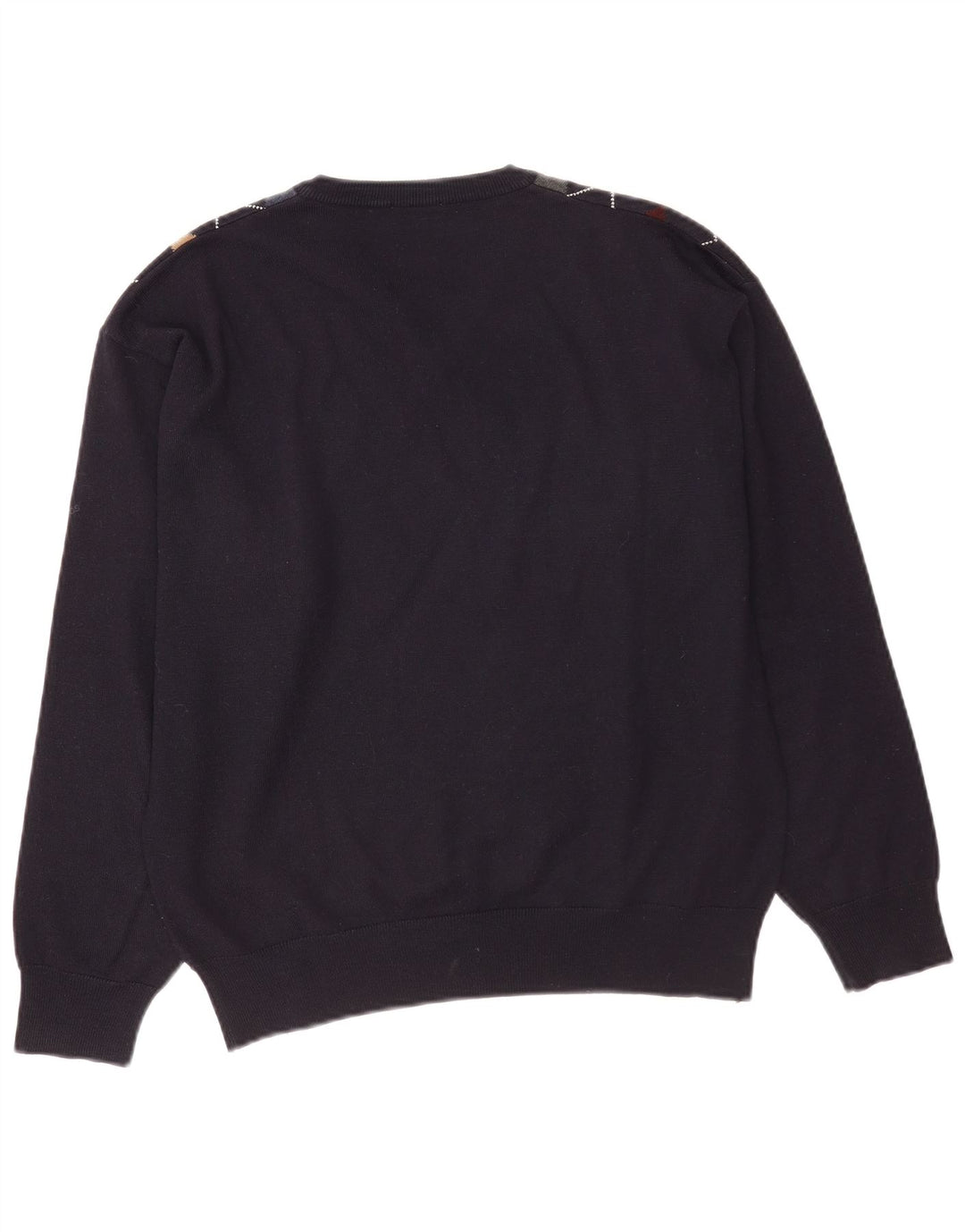 Vintage hombres V-cuello jumper suéter medio azul marino Argyle/diamante lana