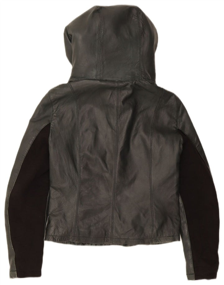 XETRA Chaqueta corta de cuero con capucha para mujer UK 12 Medium Black