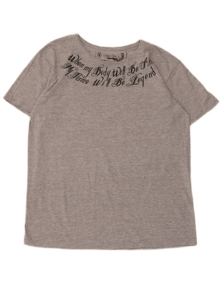 Vintage mujer camiseta gráfica Top UK 14 poliéster moteado gris medio