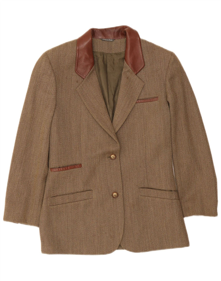 Vintage mujer 2 botones Blazer chaqueta Reino Unido 14 medio caqui espiga