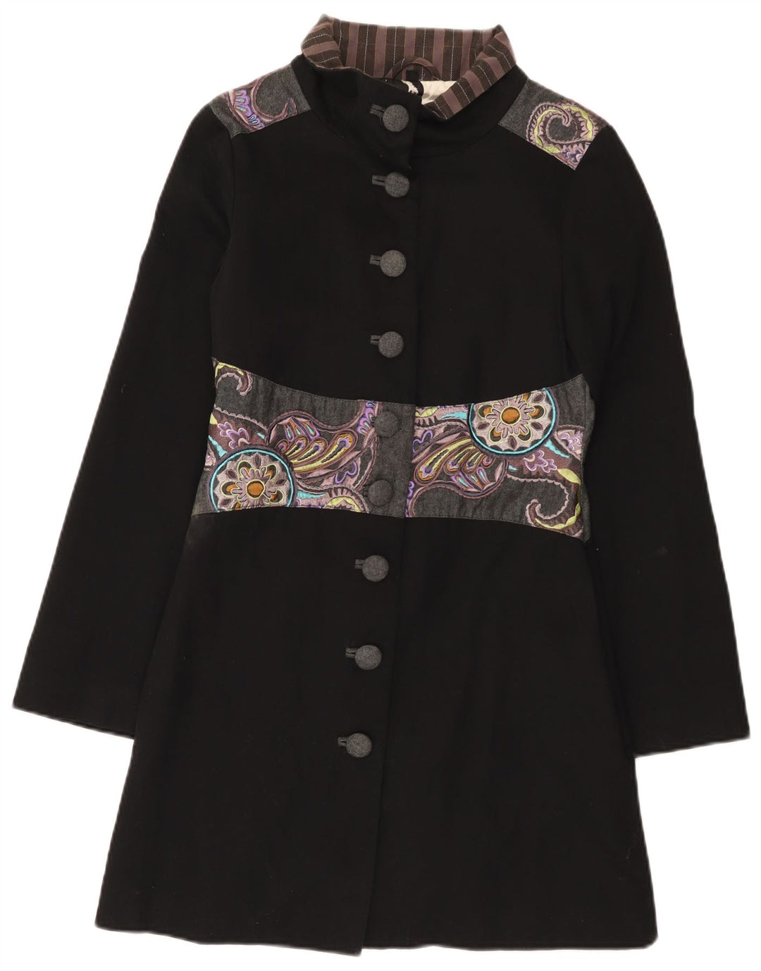 Vintage mujer abrigo gráfico Reino Unido 10 pequeño algodón patchwork negro