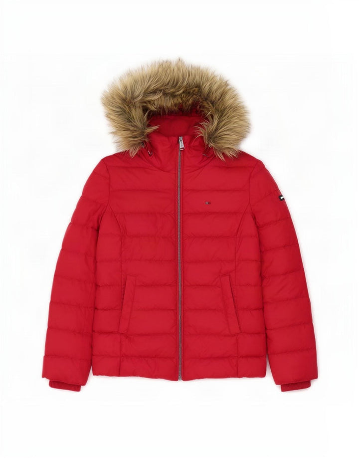 Tommy Hilfiger Chaqueta acolchada con capucha para mujer UK 10 Small Poliéster rojo