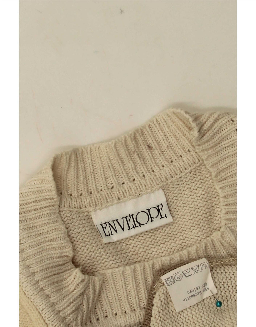 Vintage mujer cuello redondo jersey suéter EU 42 gran patchwork beige