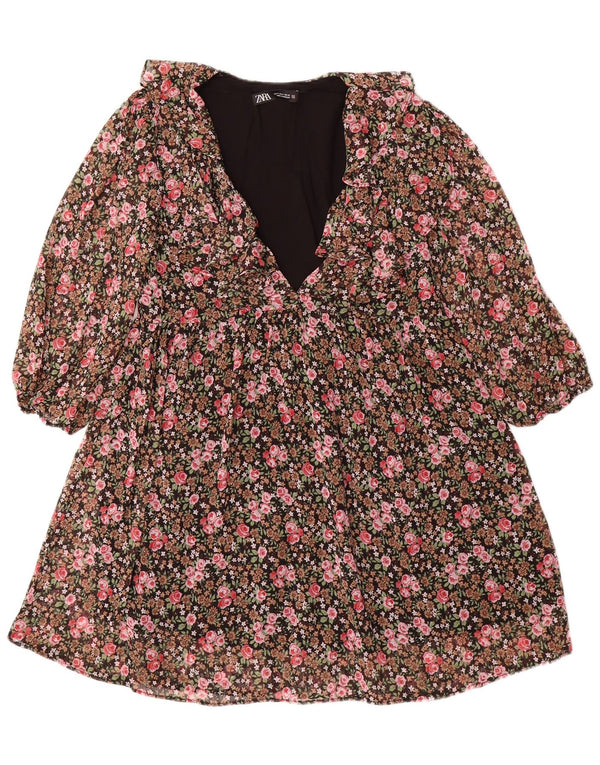 Zara Vestido acampanado de manga 3/4 para mujer UK 40 Small Multicolor Floral