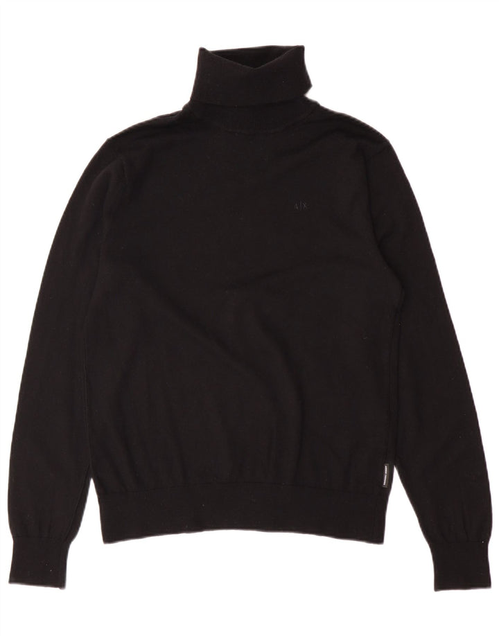 Armani Exchange Jersey con cuello vuelto para hombre, talla pequeña, lana virgen negra