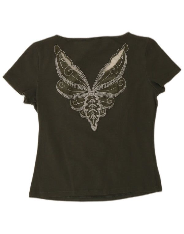 Christian Dior Camiseta gráfica para mujer Top UK 14 Medium Khaki Butterfly