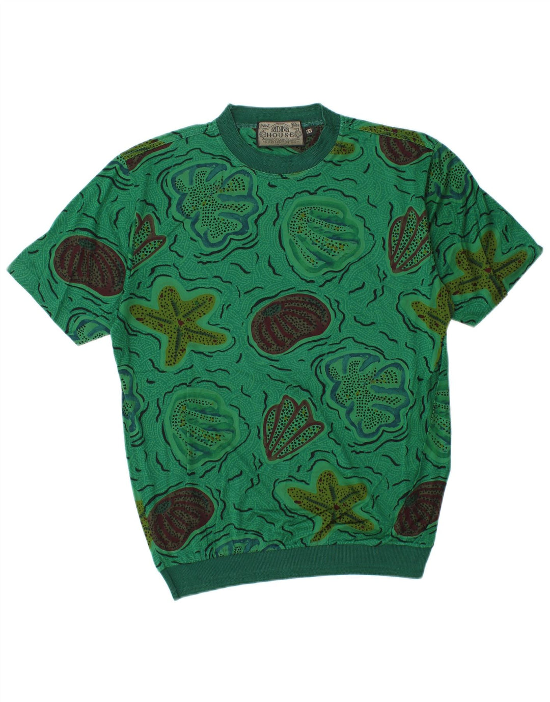 VINTAGE Hombres Patrón Abstracto Camiseta Top Pequeño Algodón Verde