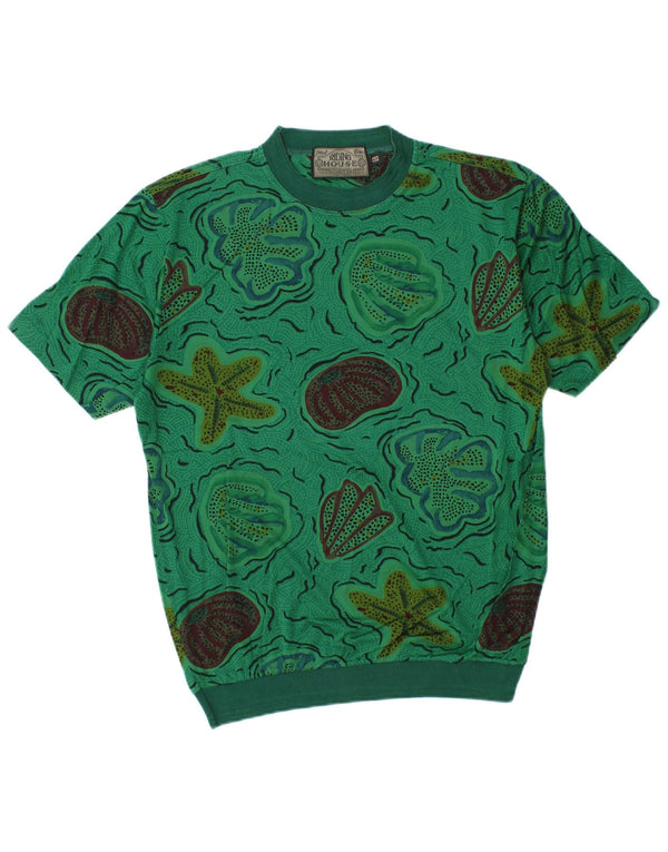 VINTAGE Hombres Patrón Abstracto Camiseta Top Pequeño Algodón Verde