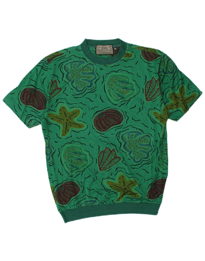 VINTAGE Hombres Patrón Abstracto Camiseta Top Pequeño Algodón Verde