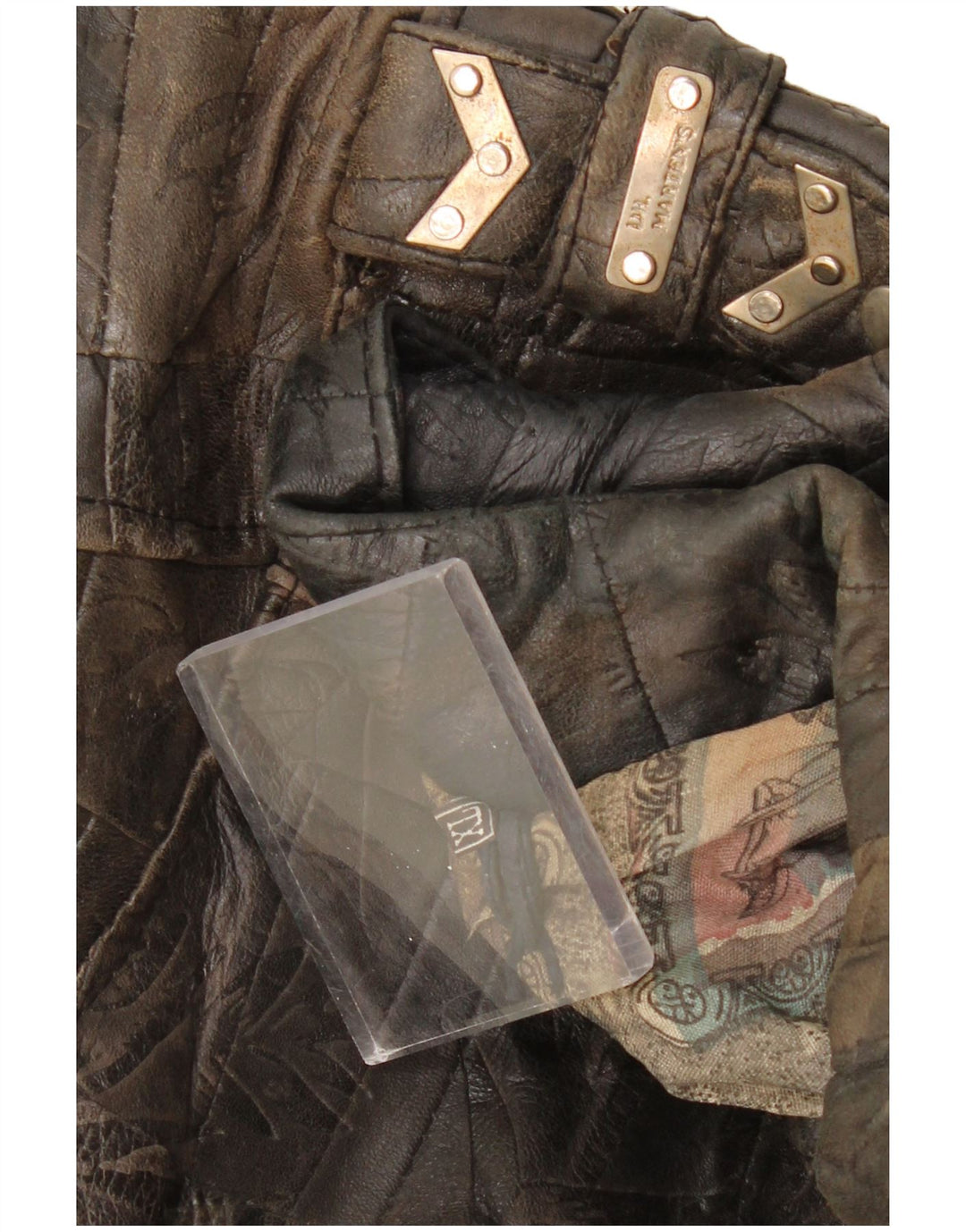 DR MARTENS Chaqueta motera de cuero corta para mujer UK 40 XL Marrón Patchwork