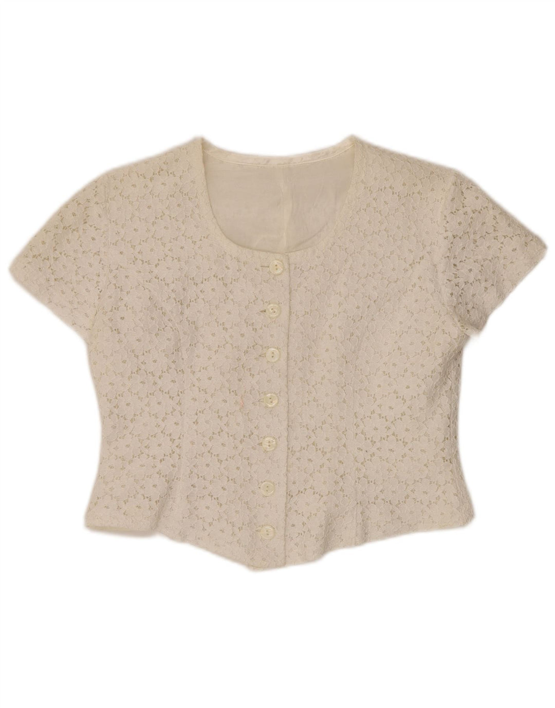 VINTAGE Mujer Crop Manga Corta Camisa Blusa IT 46 Grande Off White Floral