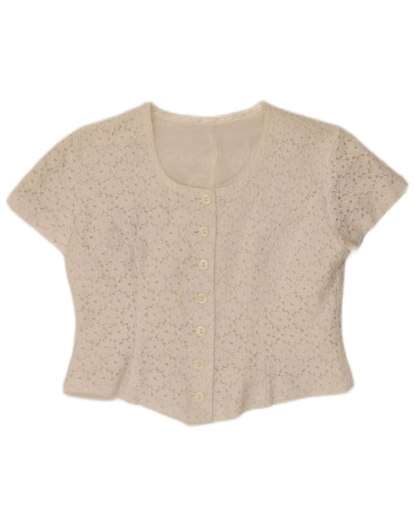 VINTAGE Mujer Crop Manga Corta Camisa Blusa IT 46 Grande Off White Floral