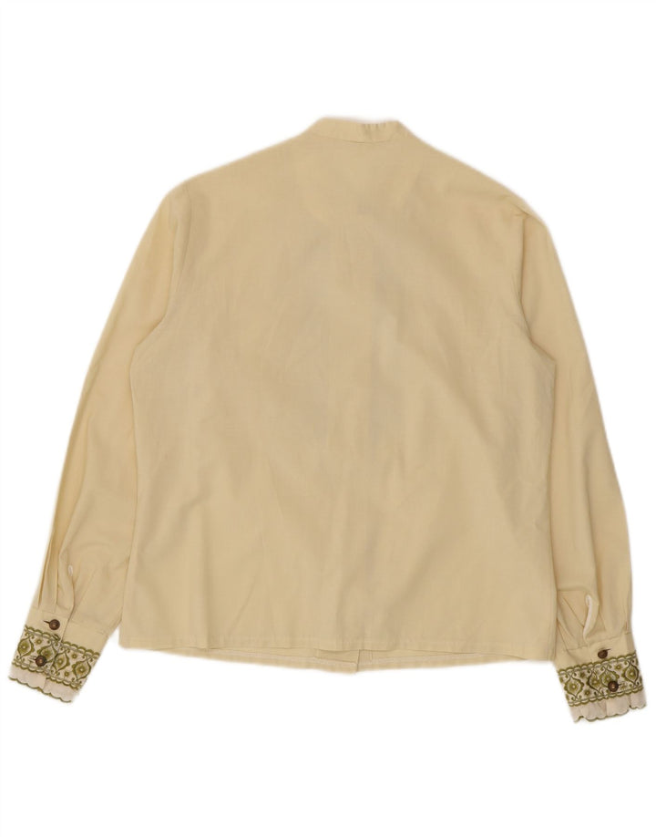 Vintage mujer volante camisa delantera blusa Reino Unido 14 medio apagado blanco floral