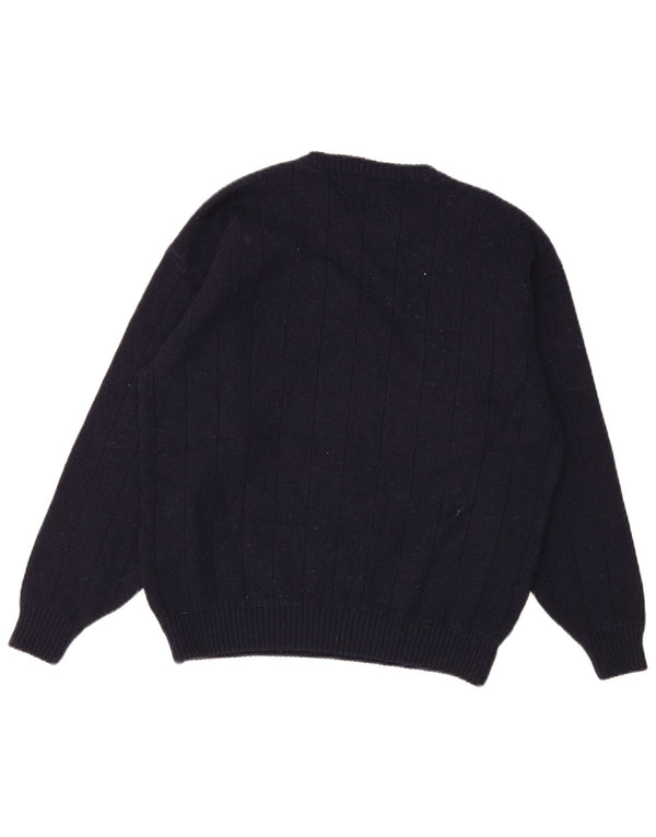 Vintage hombres cuello redondo jersey suéter medio azul marino