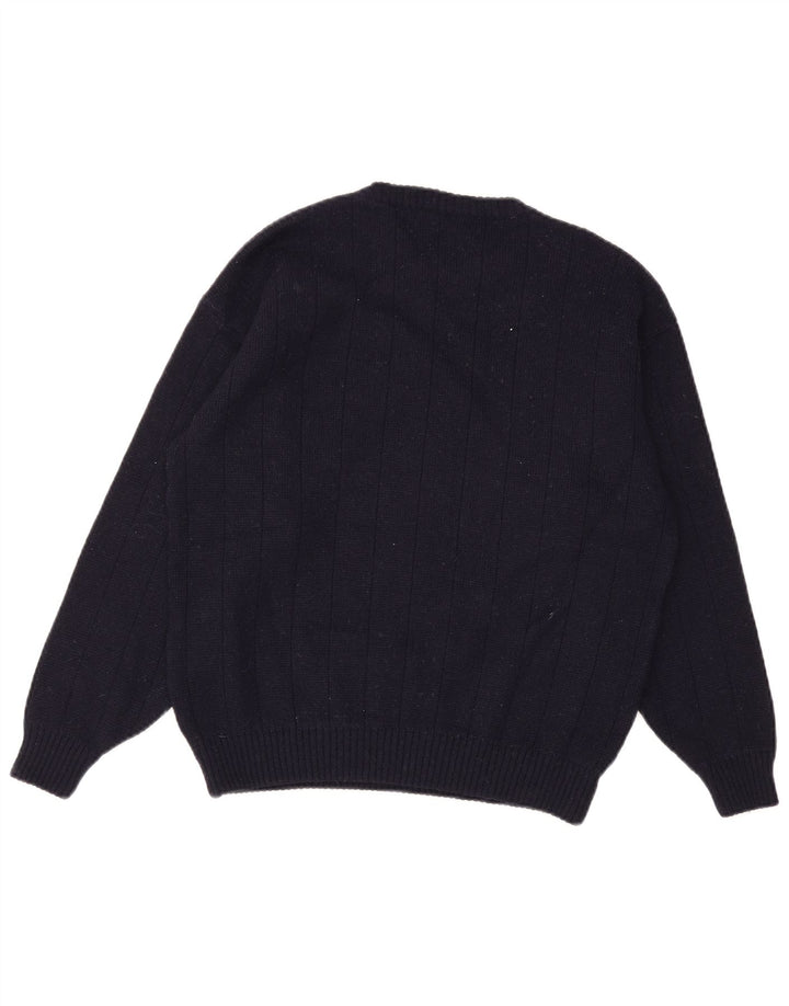 Vintage hombres cuello redondo jersey suéter medio azul marino