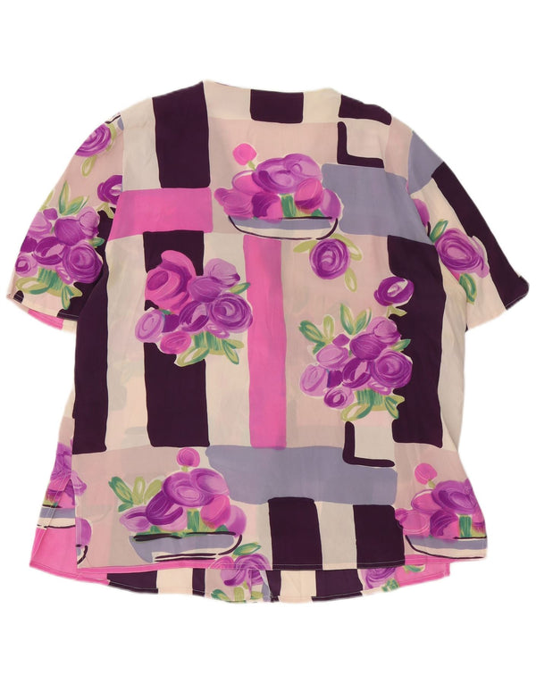 Vintage mujer camisa de manga corta blusa Reino Unido 18 XL seda floral púrpura