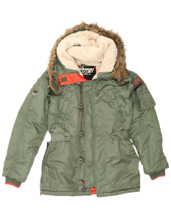 Superdry Mens Hooded Parka Jacket UK 36 Small Green Nylon