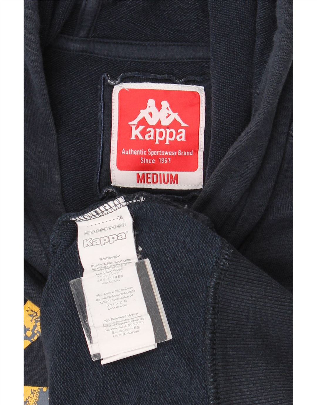 KAPPA Mens Graphic Hoodie Jumper Medium Navy Blue Cotton Vintage Kappa and Second-Hand Kappa from Messina Hembry 