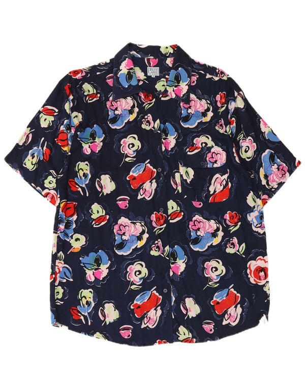 Camisa vintage de manga corta para hombre, viscosa floral azul marino medio