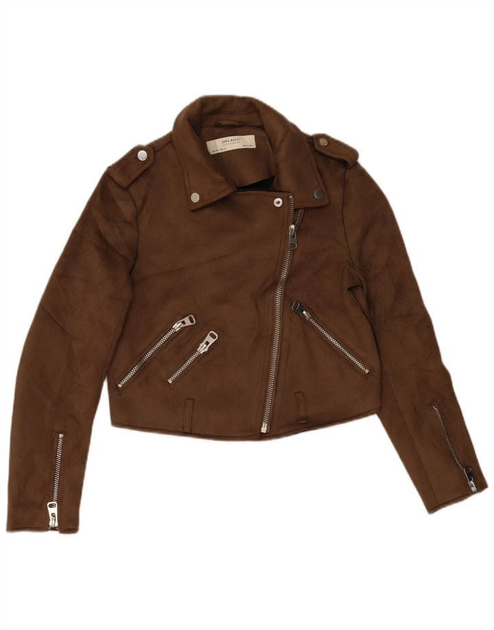ZARA Chaqueta Biker Corta De Piel Sintética Para Mujer UK 10 Small Marrón Poliéster