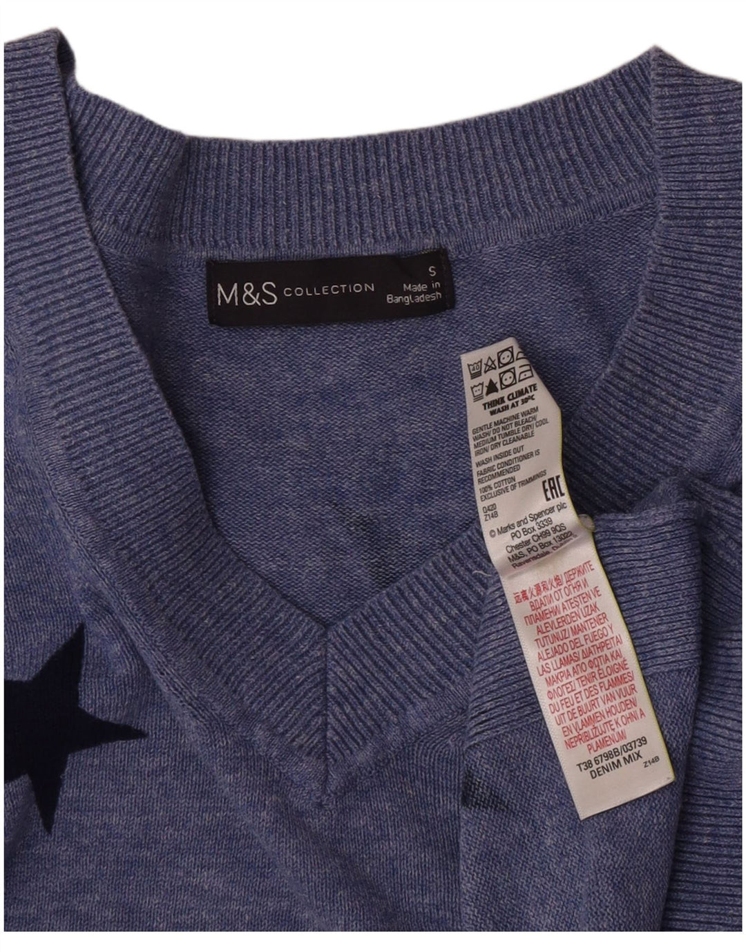 Marks & Spencer Suéter gráfico con cuello en V para mujer UK 10 Small Blue