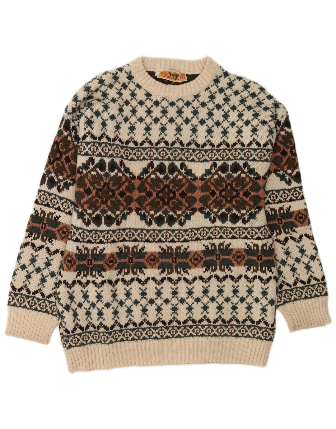 Vintage hombres cuello redondo jersey suéter IT 50 medio blanco Fair Isle lana