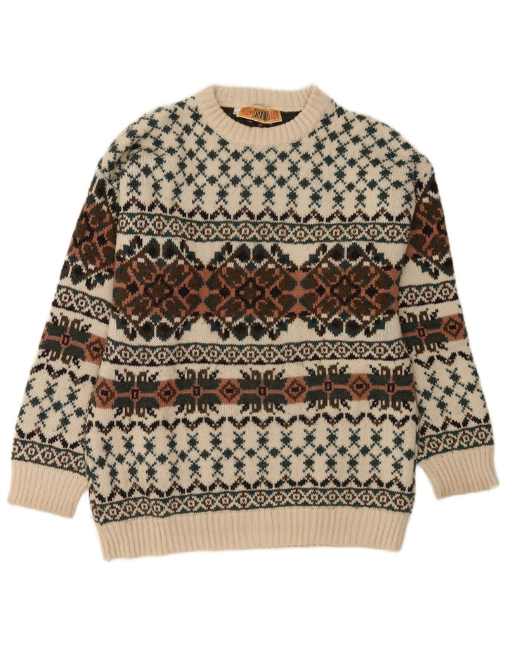 Vintage hombres cuello redondo jersey suéter IT 50 medio blanco Fair Isle lana