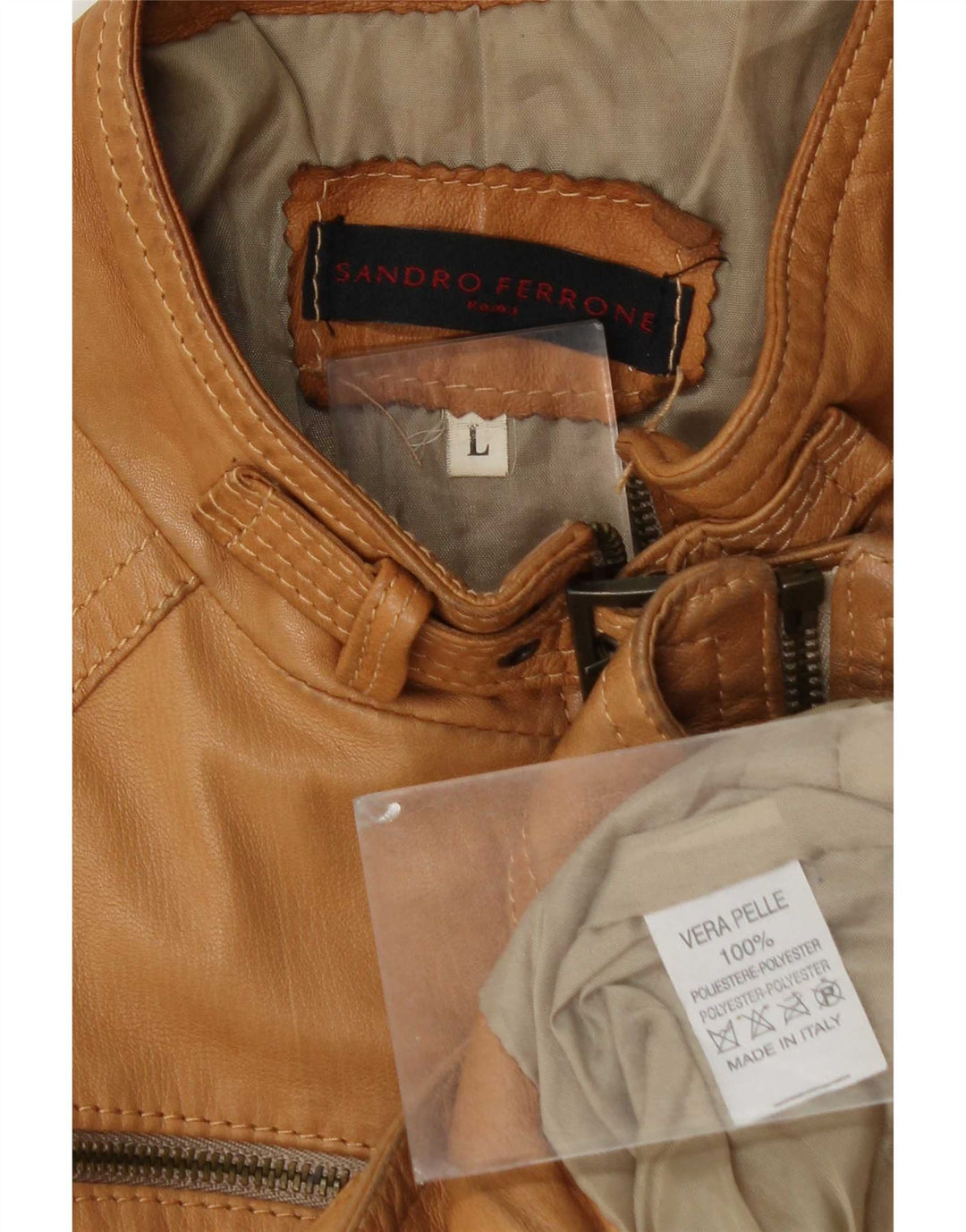 Sandro Ferrone Chaqueta de cuero corta para mujer UK 44 Cuero marrón grande