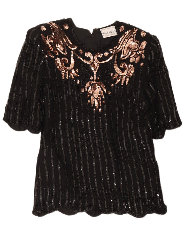 Frank Usher Blusa de noche para mujer Top UK 10 Small Black Paisley Silk