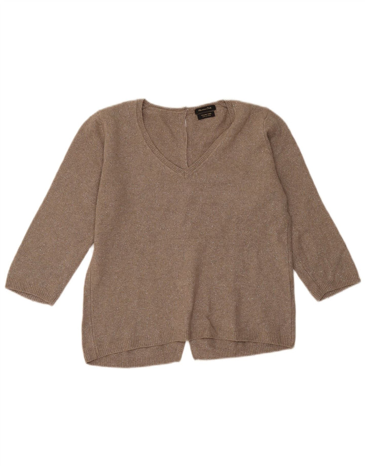 Massimo Dutti Jersey de Manga 3/4 con Cuello en V para Mujer UK 44 Marrón Medio