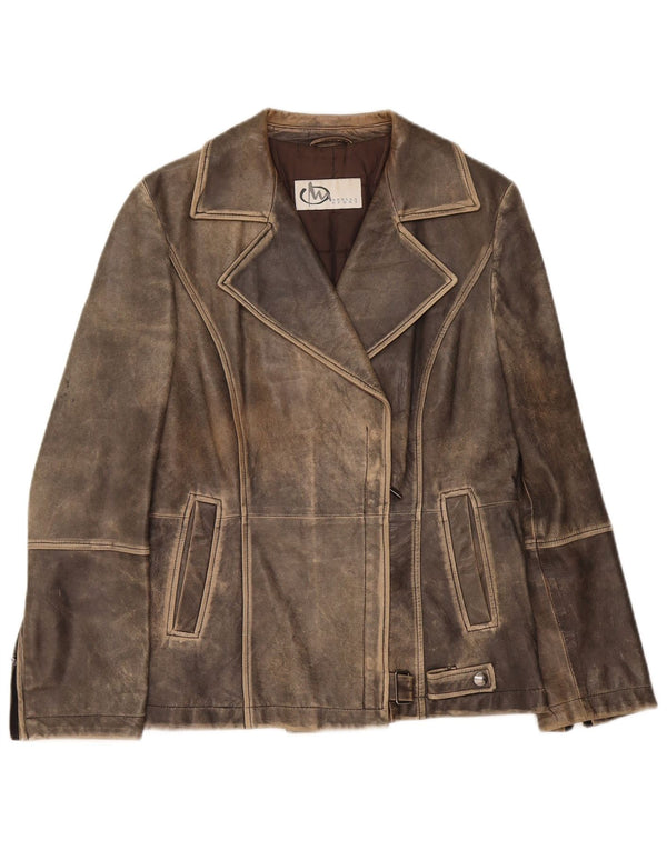 Marella Chaqueta Motera De Cuero Con Lavado Ácido Para Mujer UK 42 Gris Medio Deportes