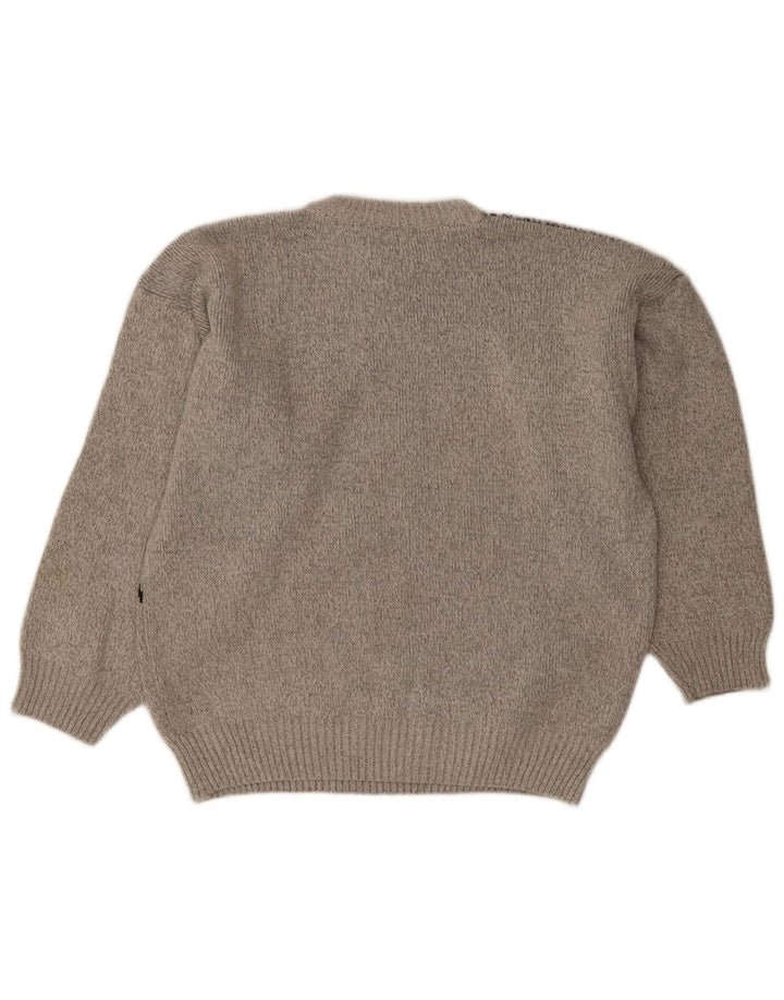 Vintage hombres cuello redondo jersey suéter grande gris lana geométrica