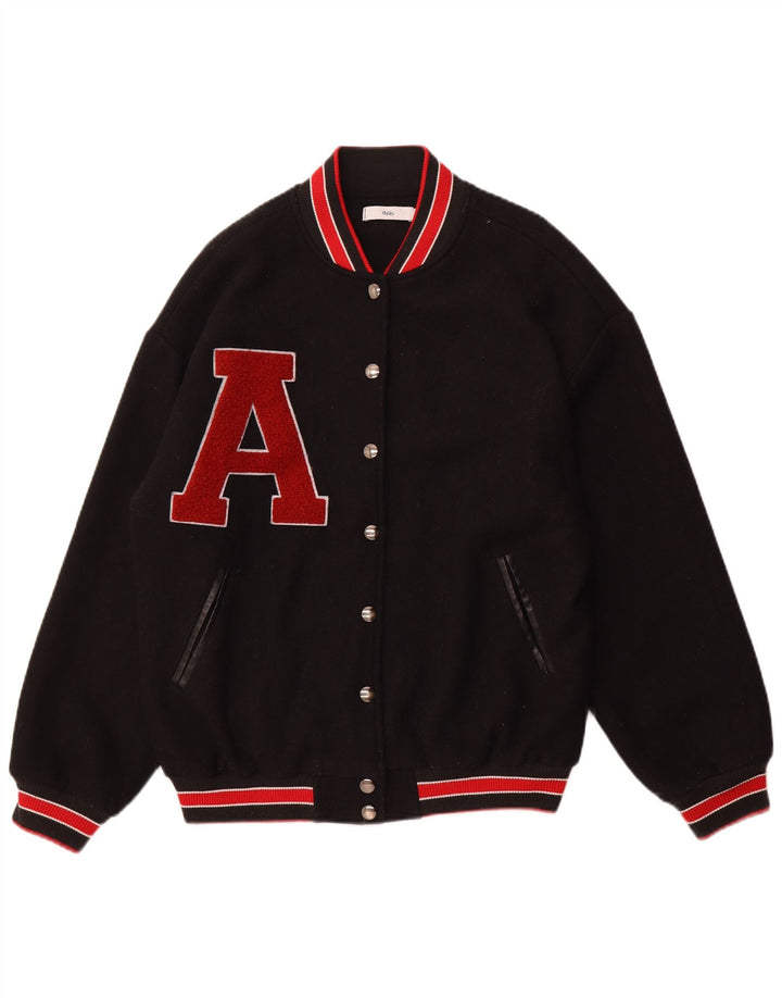 Vintage hombres gráfico Varsity chaqueta Reino Unido 38 poliéster negro medio