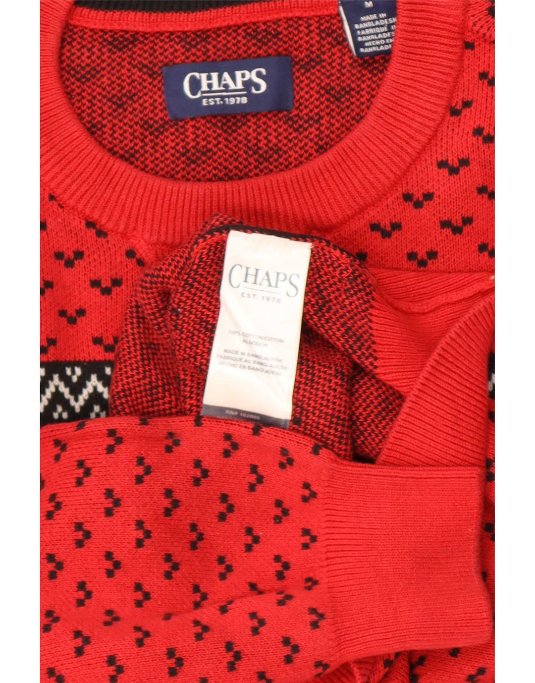 Chaps Suéter tipo jersey con cuello redondo para hombre, color rojo medio, Fair Isle